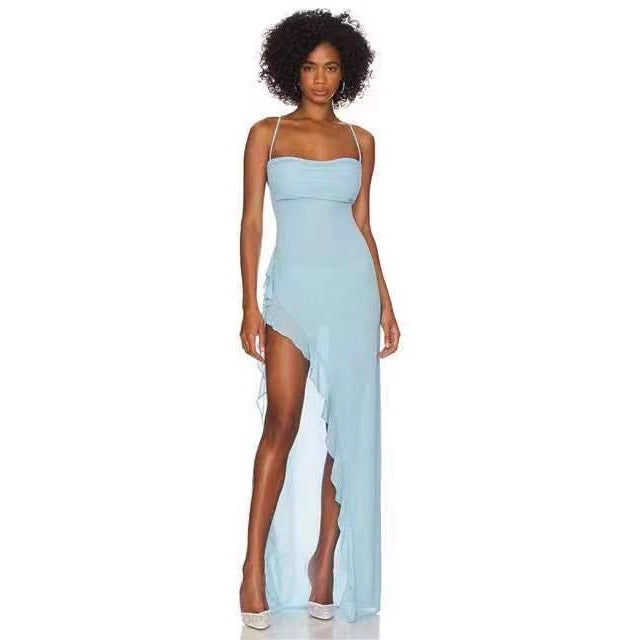Damen elegantes Maxi-Kleid mit verführerischem Scherenschnitt und trägerlosem Design Drune
