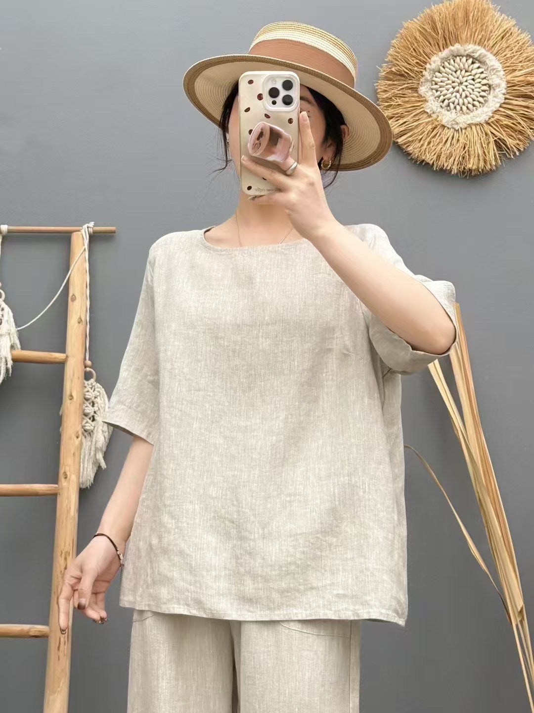 Damen Relaxed Fit Leinen Oversized Top Drune