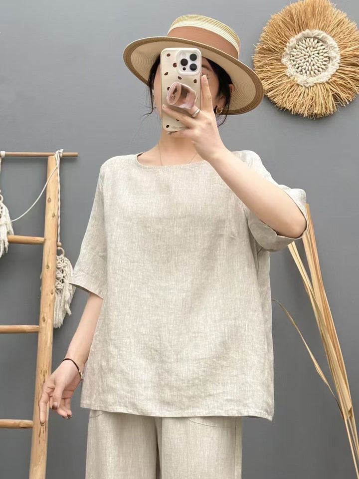 Damen Relaxed Fit Leinen Oversized Top Drune