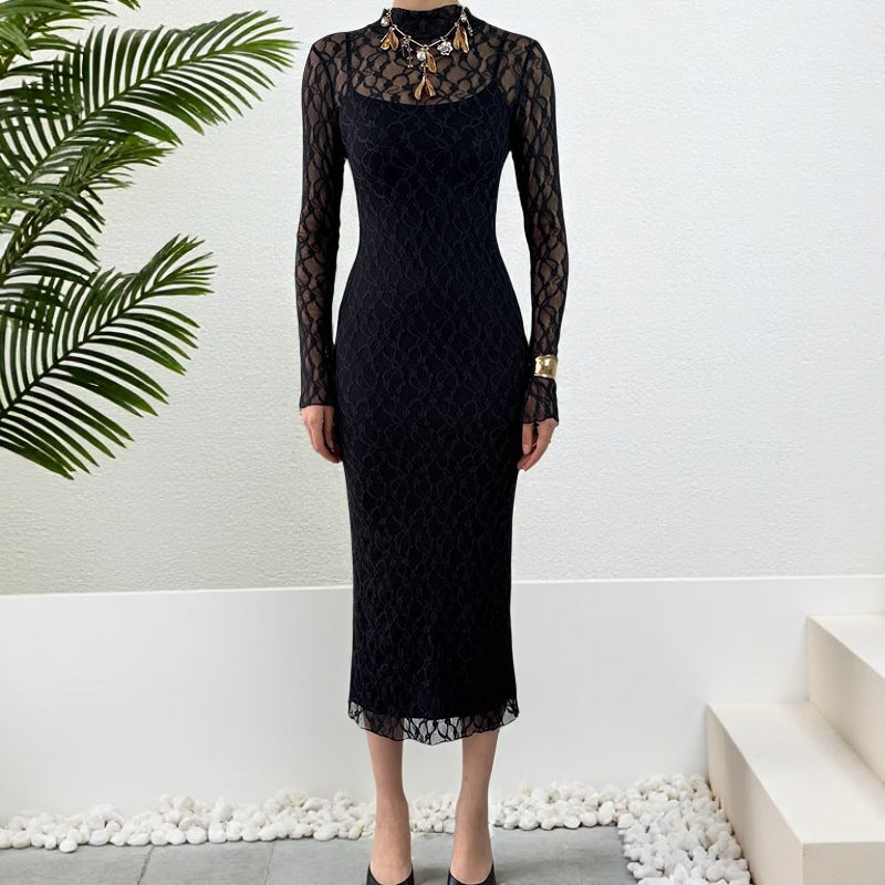 Damen Maxikleid aus transparenter Spitze mit eleganten Rüschendetails Drune