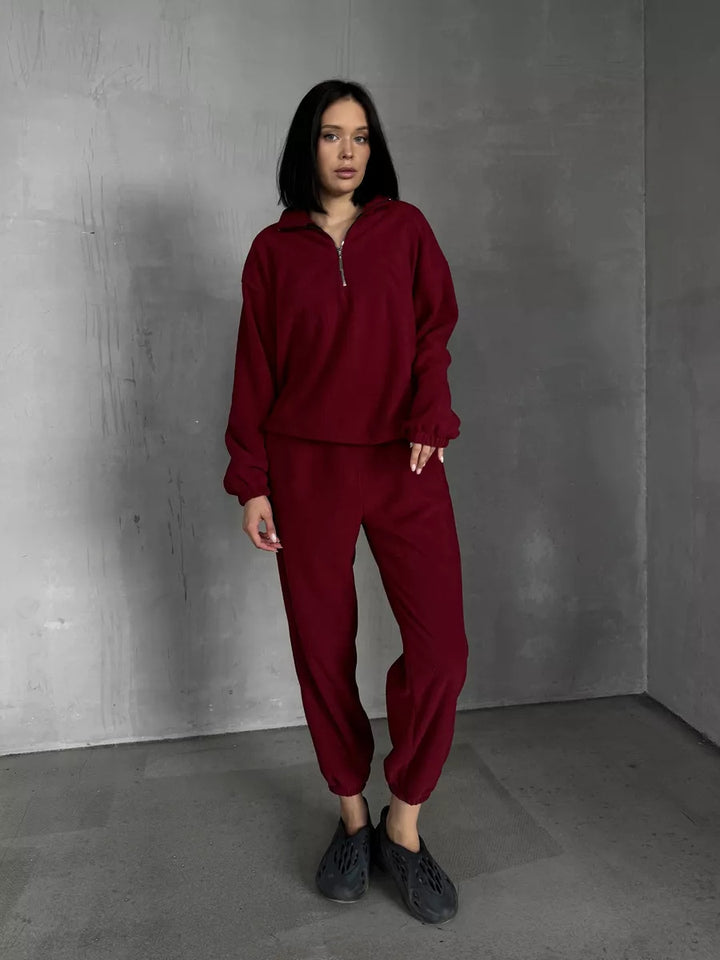 Damen lässiger Fleece-Lounge-Anzug mit kurzem Reißverschluss Drune