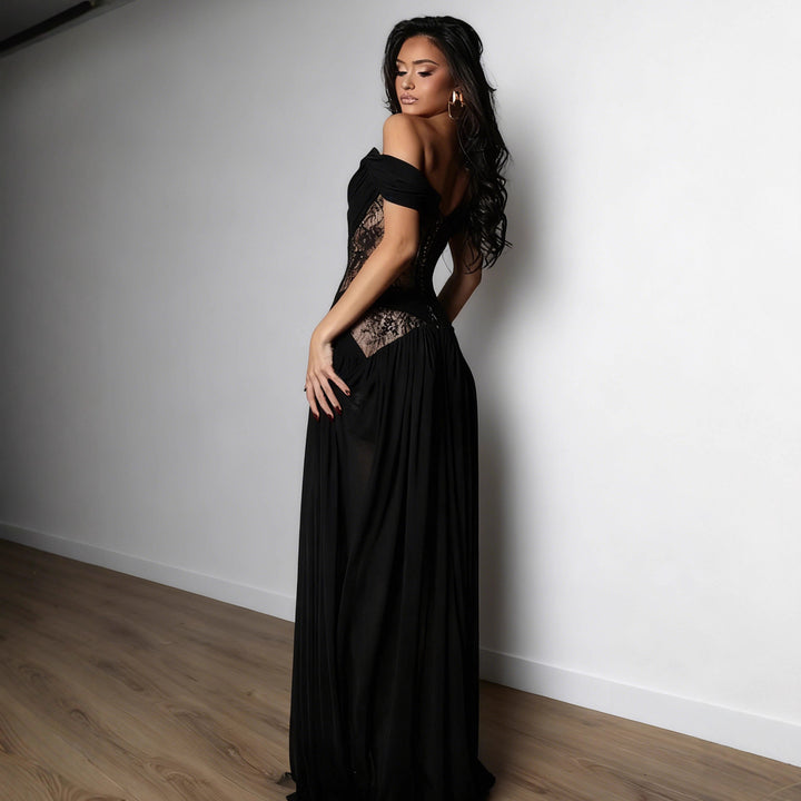 Damen Abendkleid mit transparenten Spitzeinsätzen und verführerischem Schnitt Drune