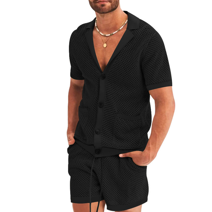Herren nan offener Netzstrick-Cardigan mit passenden Kordelzug-Shorts Drune