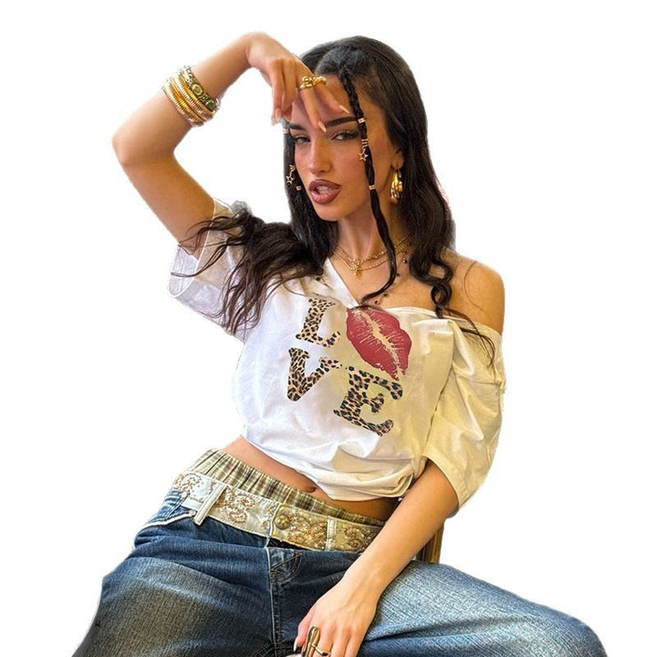 Damen lässiges Print-Shirt mit weitem Ausschnitt Drune