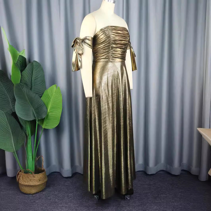 Damen Elegantes Maxikleid mit gerafftem Oberteil und schimmernden Ärmeln Drune