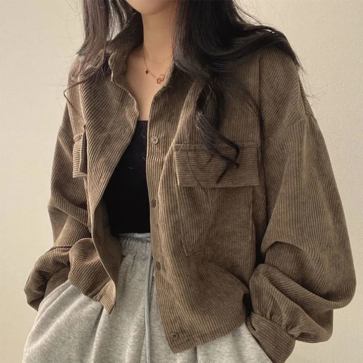 Damen lässige Cordjacke mit voluminösen Ärmeln Drune
