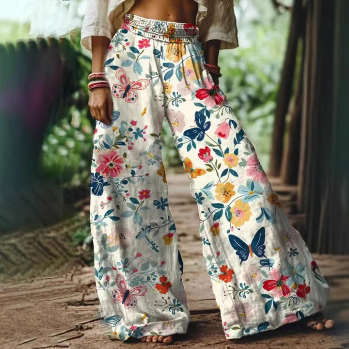 Damen Weite Sommerhose mit buntem Blumen- und Schmetterlingsprint Drune