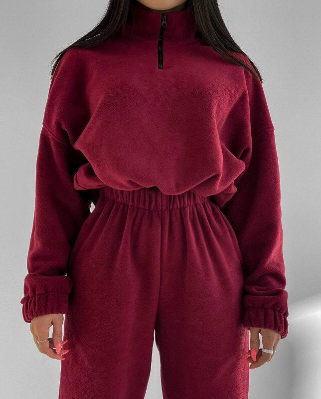 Damen komfortabler Fleece-Jogginganzug mit hohem Kragen und elastischen Bündchen Drune