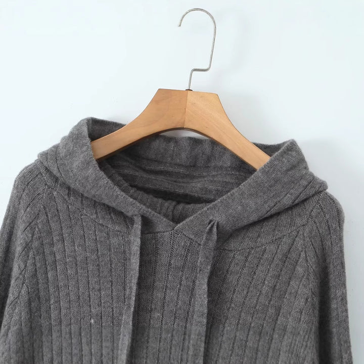 Damen Strickhoodiekleid mit Kapuze und Rippenmuster Drune