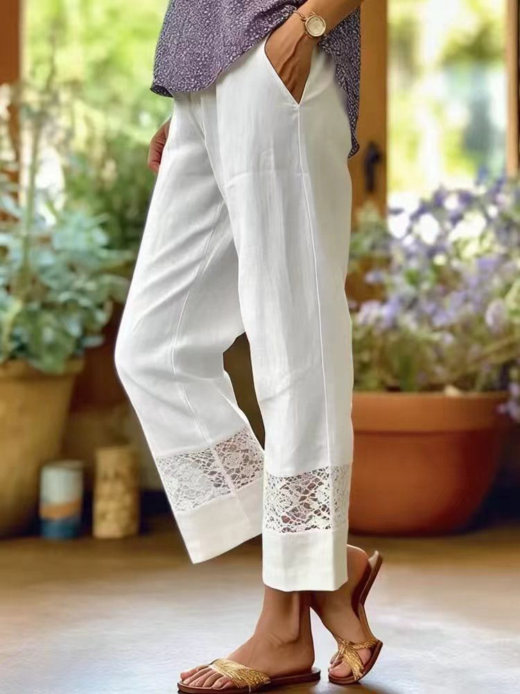 Damen Elegante Leinenhose mit Spitzenakzenten Drune