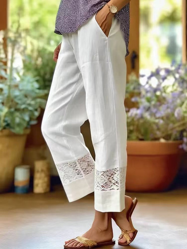 Damen Elegante Leinenhose mit Spitzenakzenten Drune