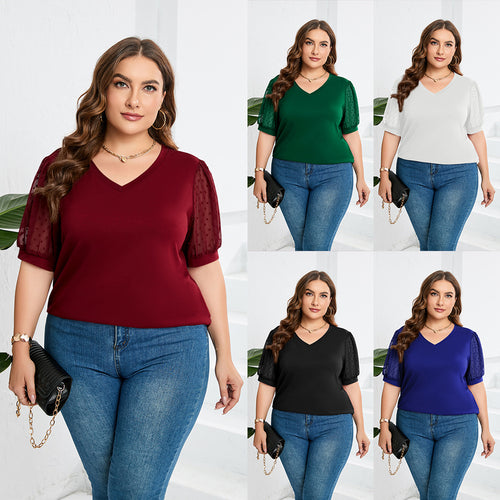 Damen elegantes Blusenshirt mit transparenten Puffärmeln und V-Ausschnitt Drune