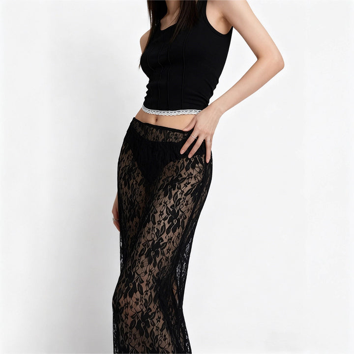 Damen Ansprechender Spitzenrock mit hohem Schlitz und elegantem Taillierungsdesign Drune