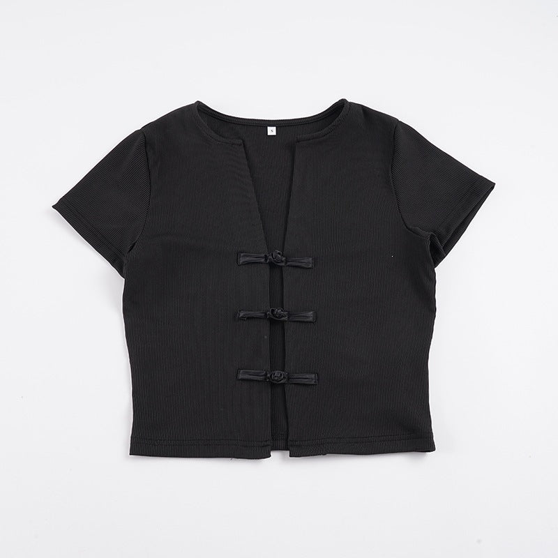 Damen Kurzarm Oberteil mit edlen Knopfdetails Drune