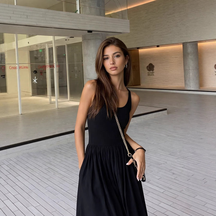 Damen Elegantes Maxikleid mit spaghetti Trägern und fließendem Rock Drune