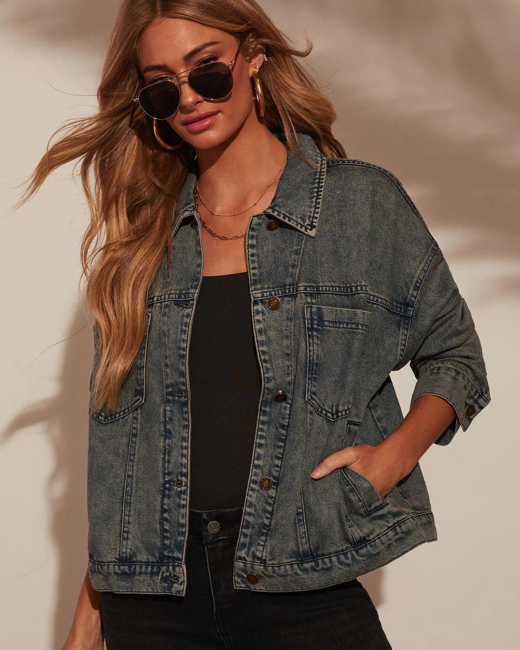 Damen Oversized Denim-Jacke im lässigen Schnitt mit praktischen Taschen Drune