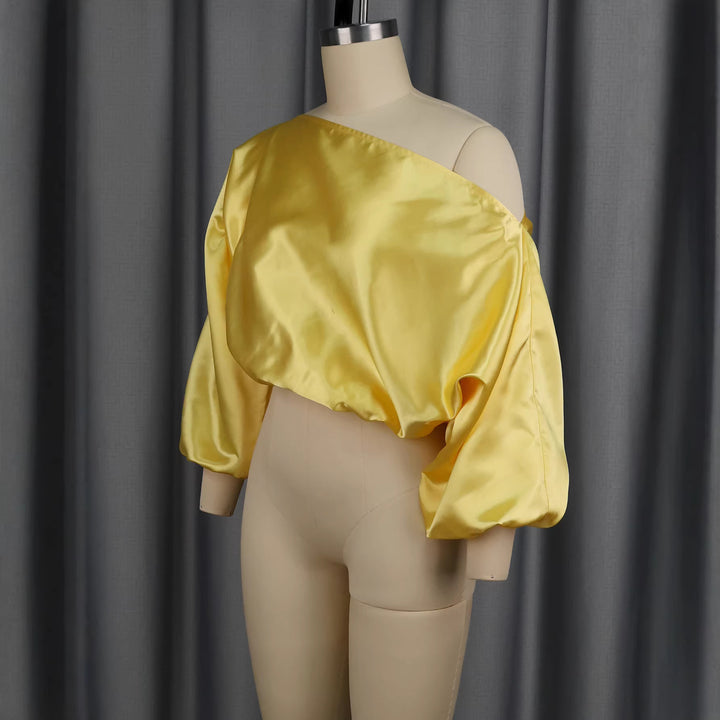 Damen elegantes asymmetrisches Oberteil mit voluminösen Puffärmeln Drune