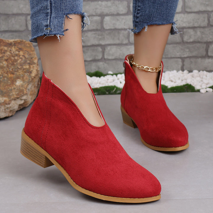 Damen nan V‑Ausschnitt Ankleboots aus Veloursoptik mit seitlichem Reißverschluss und niedriger Holzblocksohle Drune