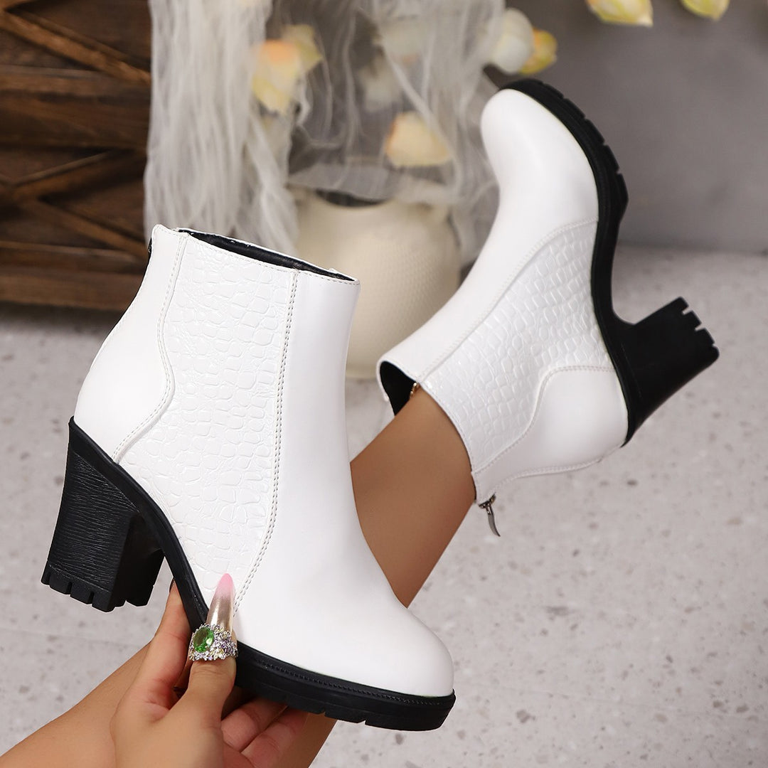 Damen  stylische Ankle-Boots mit Krokoprägung und mittelhohem Blockabsatz Drune