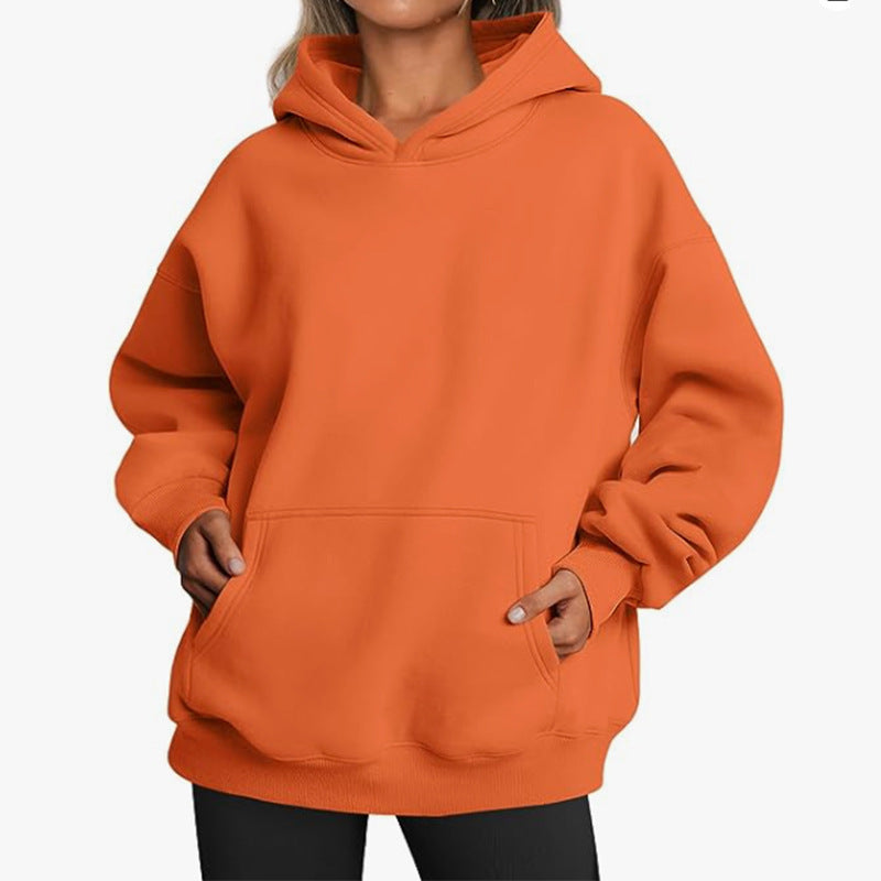 Damen nan Relax-Fleece Kapuzenpullover mit Kängurutasche, verlängerter Rücken und überschnittener Schulter Drune