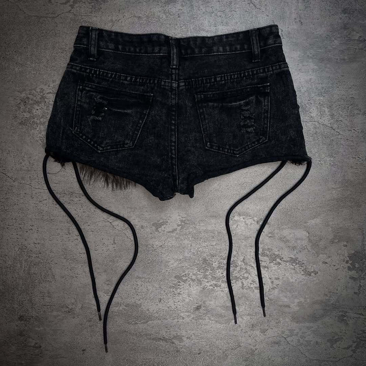 Damen Modische Denim-Shorts mit einzigartigen Lacing-Details und Kunstfell-Applikation Drune