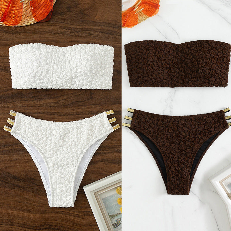 Damen Bandeau-Bikini mit dekorativen Riemen und strukturiertem Oberteil Drune