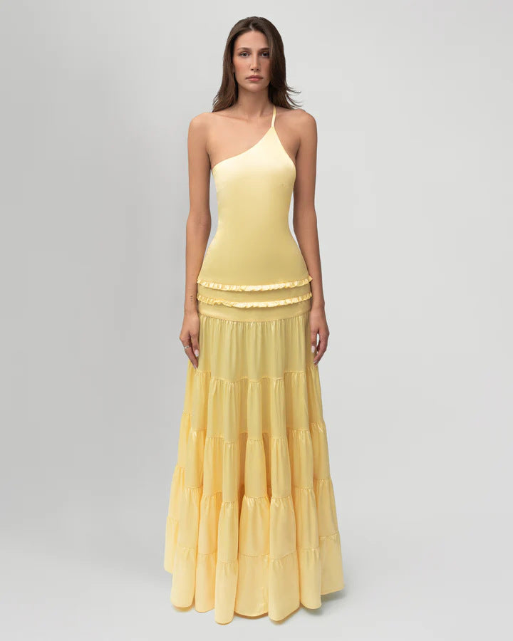 Damen elegantes asymmetrisches Maxikleid mit Rüschendetails Drune