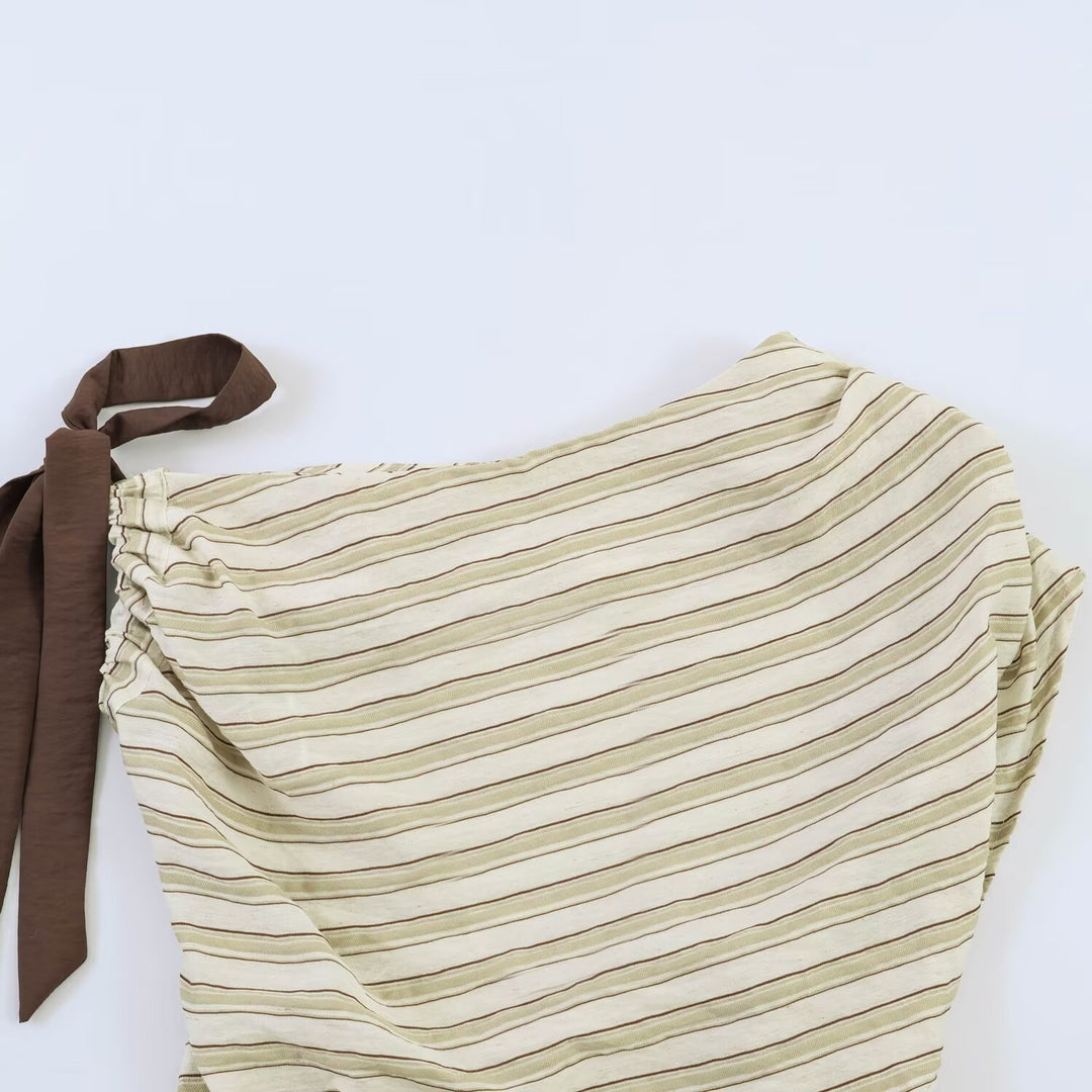 Damen asymmetrisches Oberteil mit eleganter Bindegurtdetail und feinen Streifen Drune