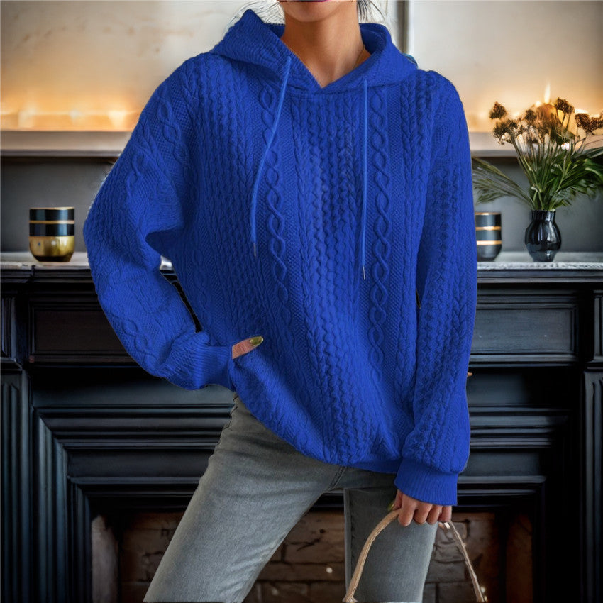 Damen Hochwertiger Strickpullover mit Kapuze und dekorativem Zopfmuster Drune