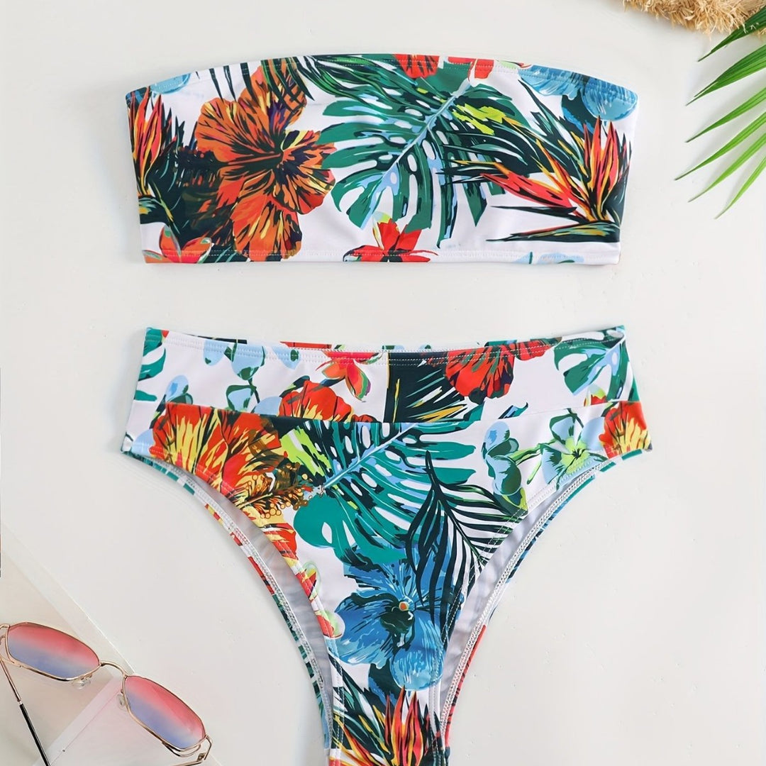 Damen Bandeau-Bikini-Set mit tropischem Blumendesign Drune