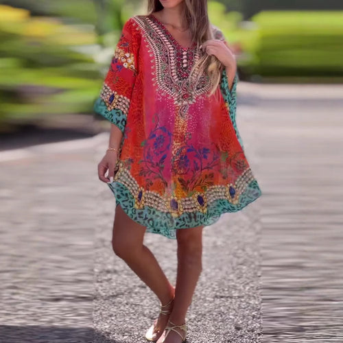Damen Strandkleid im farbenfrohen Boho-Stil mit verspieltem Design und tiefem V-Ausschnitt Drune