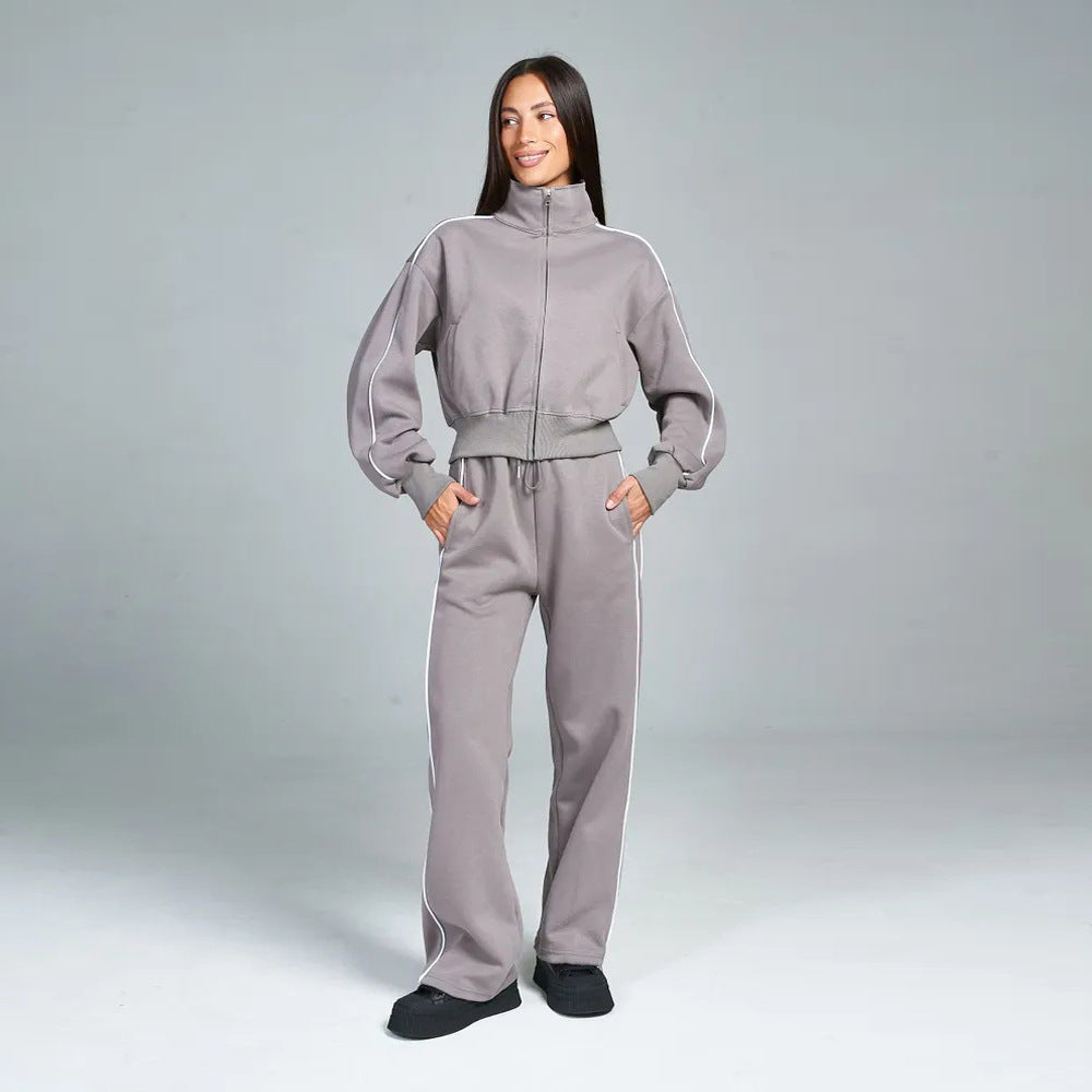 Damen sportliches Freizeit-Set mit hochgeschlossener Jacke und weit geschnittenen Hosen Drune