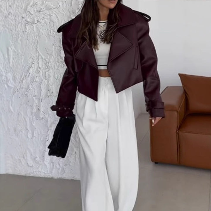 Damen modische Kunstlederjacke mit oversized Schnitt und breitem Kragen Drune