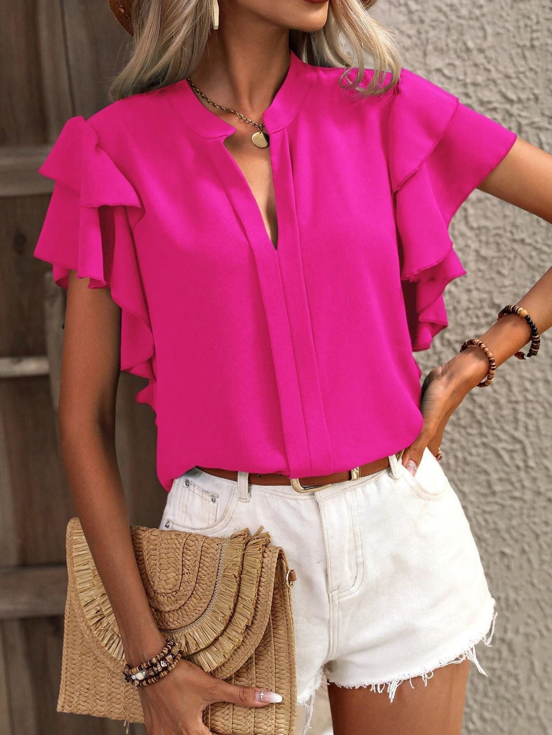 Damen Bluse mit Volants und V-Ausschnitt Drune