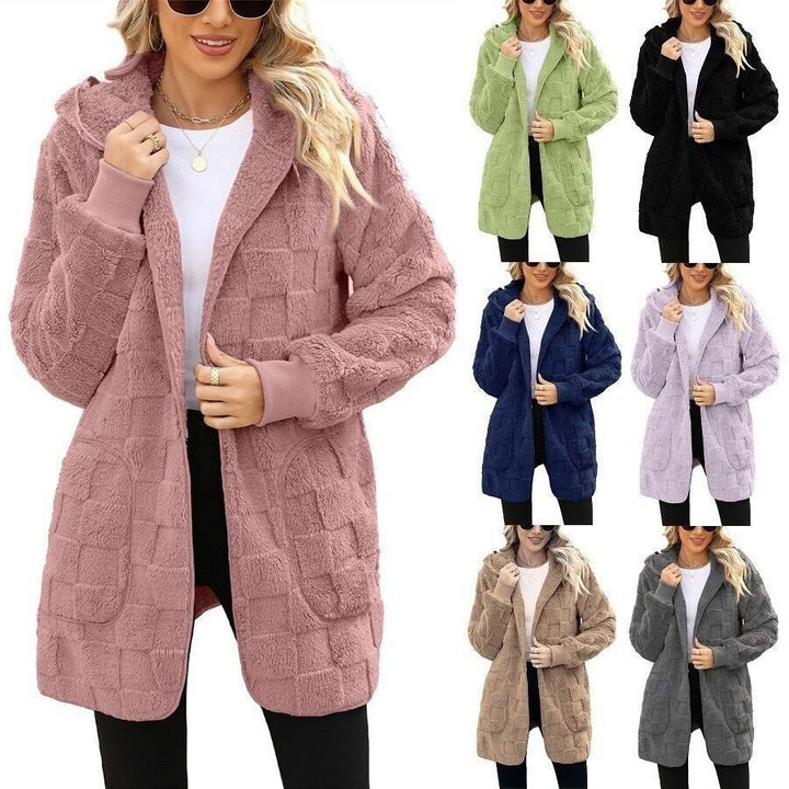 Damen nan kuschelige Kapuzen-Longjacke aus Teddyfleece mit aufgesetzten Taschen und strukturierter Karooptik Drune