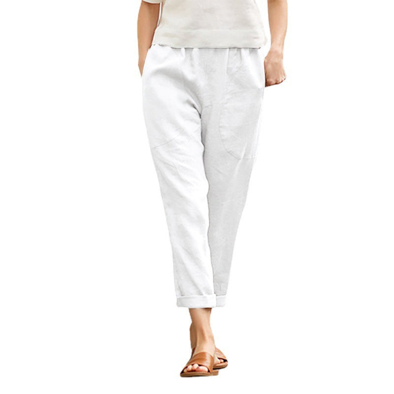 Damen nan legere Leinen-Baumwollhose mit elastischem Bund, aufgesetzten Taschen und konischer Beinform Drune