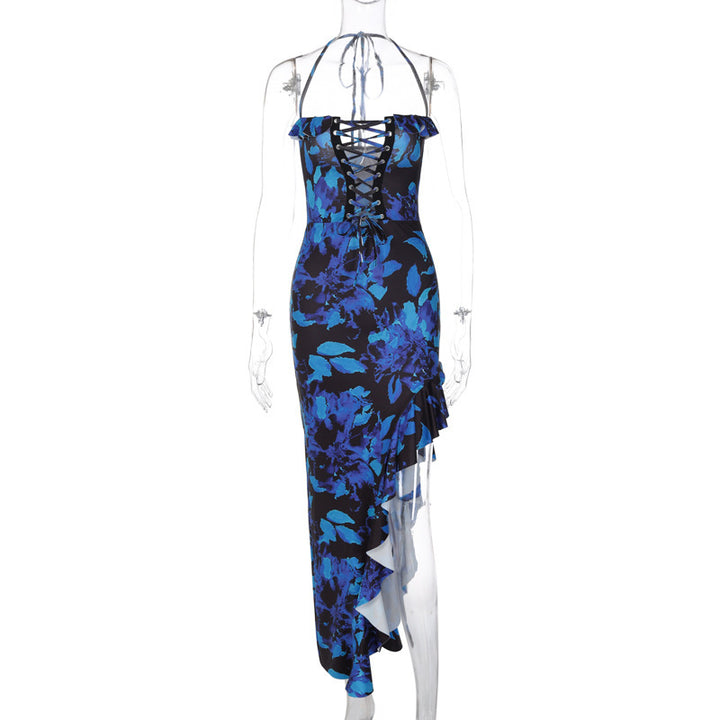 Damen Träger Maxikleid mit verspieltem Rüschen-Ausschnitt und floralem Design Drune