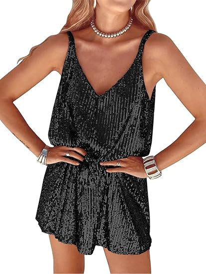 Damen Glitzerndes Jumpsuit mit tiefem V-Ausschnitt und elastischer Taille Drune