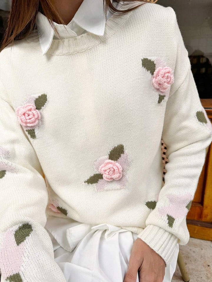 Damen Strickpullover mit floralen Applikationen und Rundhalsausschnitt Drune
