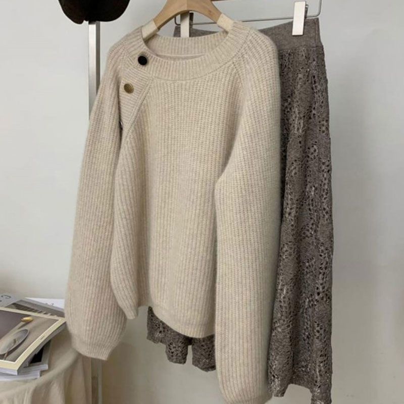 Damen Eleganter und bequemer Strickpullover mit dekorativen Knöpfen Drune