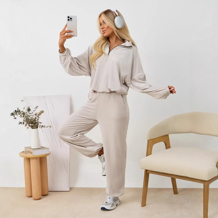 Damen Fleece-Loungewear-Anzug mit Reißverschluss und elastischem Bündchen Drune