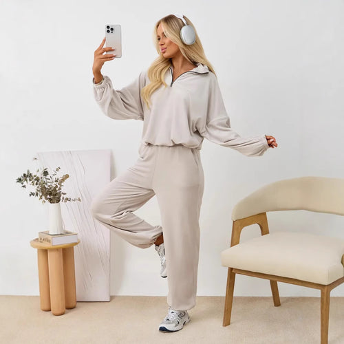 Damen Fleece-Loungewear-Anzug mit Reißverschluss und elastischem Bündchen Drune