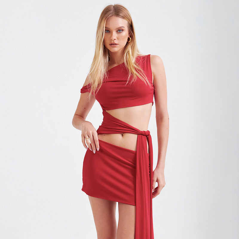 Damen Trendiges Minikleid mit asymmetrischen Cut-Outs und Wickelband Drune
