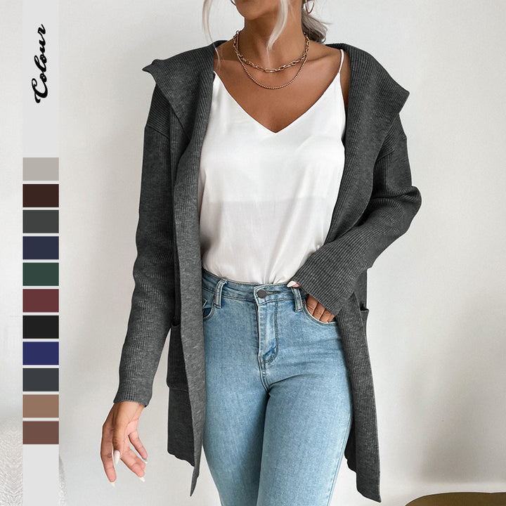 Damen lässiger Strickcardigan mit hohem Kragen und offenen Front Drune