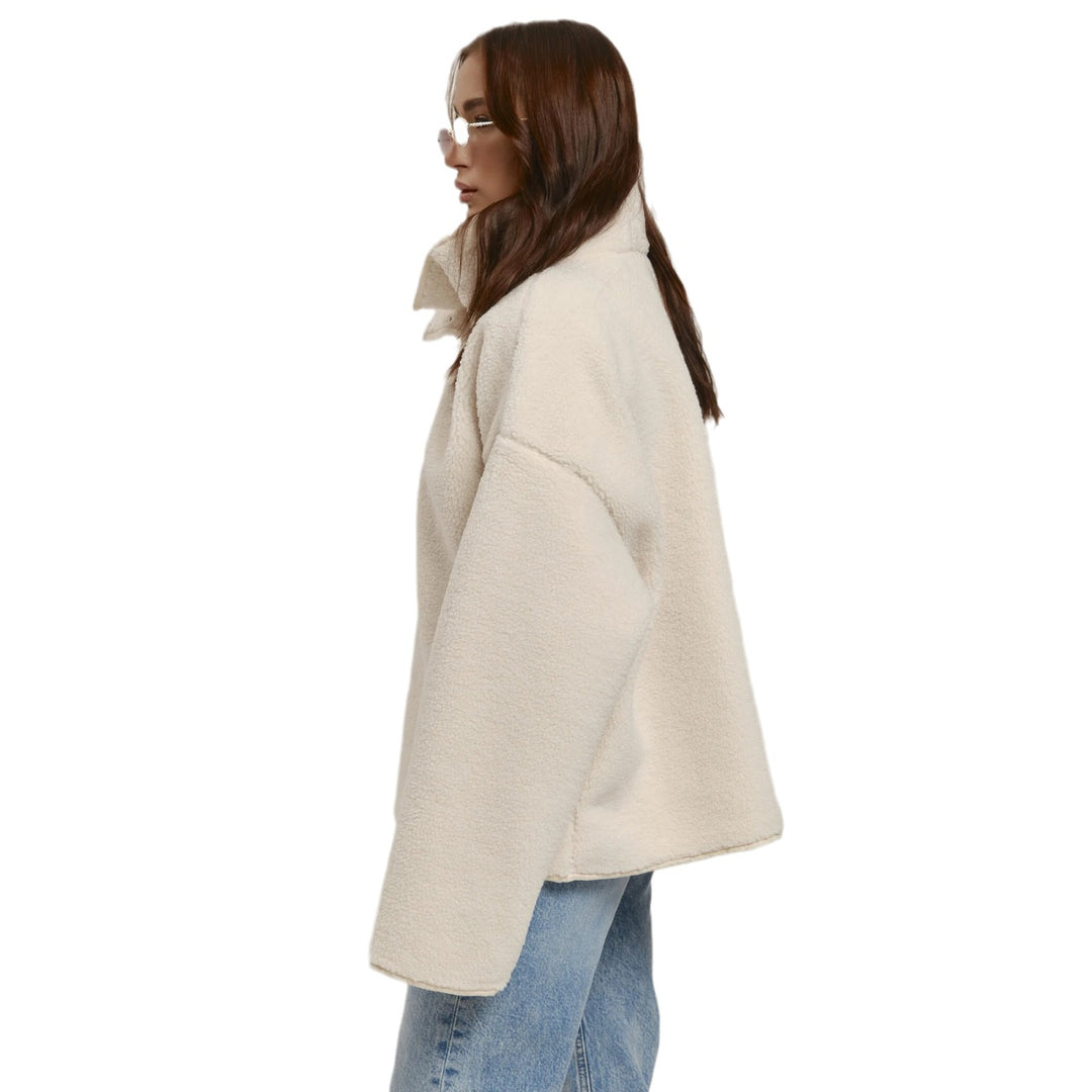 Damen Kuschelige Oversized Fleecejacke mit Stehkragen und Druckknöpfen Drune