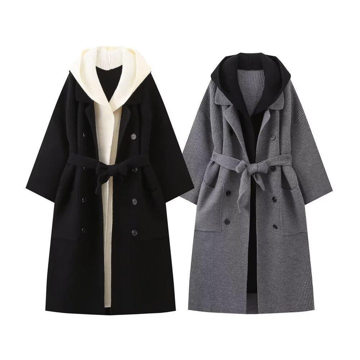 Damen lässiger Longcardigan mit bindbarem Taillengürtel und zweilagigem Kragen Drune