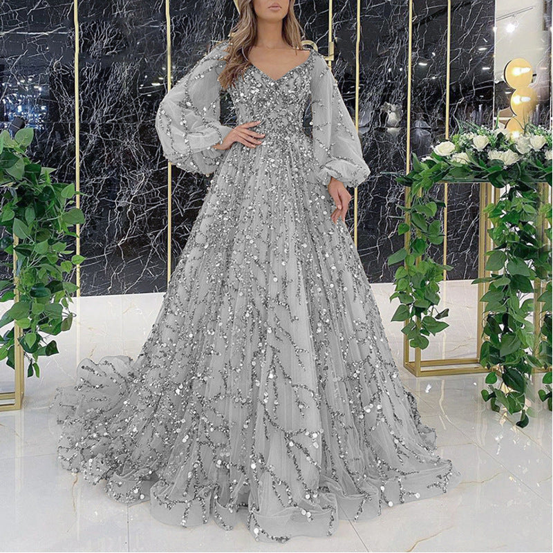 Damen Glamouröses Abendkleid mit funkelnden Pailletten und transparenten Ärmeln Drune
