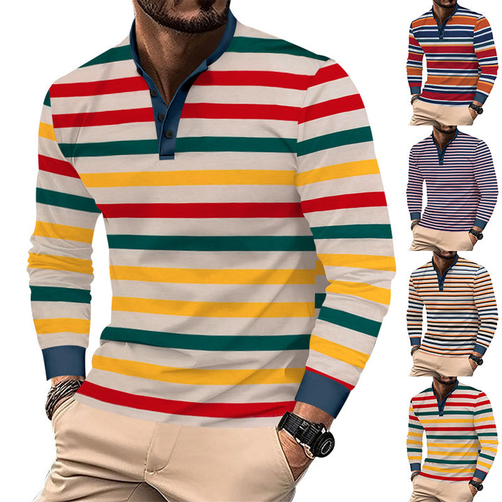Herren nan gestreiftes Henley-Langarmshirt mit Stehkragen und feiner Baumwollmischung Drune
