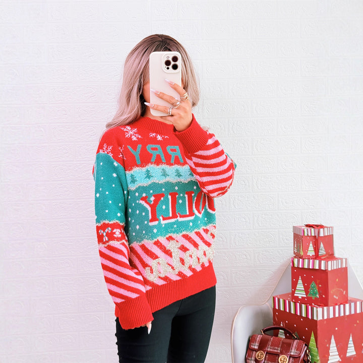 Damen festlicher Strickpullover mit kreativem Weihnachtsdesign Drune