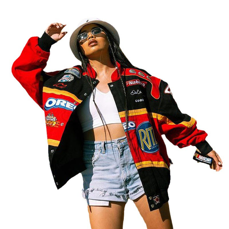 Damen Oversized Motorsportjacke mit bunten Grafikdetails und weitem Schnitt Drune